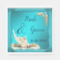 Teal Blue Aqua Turquoise Seashell Beach Wedding Napkins