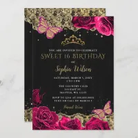 Vintage Pink Roses Black Gold Lace Sweet 16  Invitation