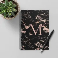 Chic Rose Gold Foil Black Marble Monogram Notebook