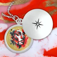 Red, black and white Abstract Face on gold | Locket Necklace