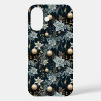 Blue and Gold Christmas Ornaments Poinsettias iPhone 16 Case