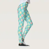 Colorful Christmas Candy Holiday Pattern on Teal Leggings