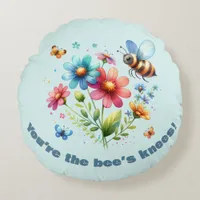 Watercolor Monogram You're the Bee's Knees Blue Round Pillow