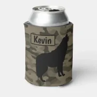 Modern Brown Camo Black Wolf Silhouette Monogram | Can Cooler