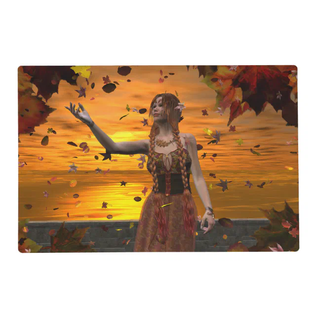 Elf in Falling Leaves Against an Autumn Sunset Placemat