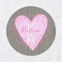 Cute Heart with Pink Floral Doodle Frame on Wood Kids' Labels