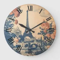 Vintage Eiffel Tower Paris France Painting Wall Large Clock