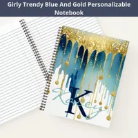 Blue Gold Glitter Girly Monogram Name Notebook