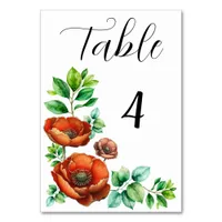 Sublime Watercolor Red Poppies in Vintage Style Table Number