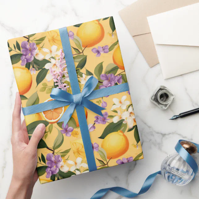 Lemon & Flower Pattern Yellow Wrapping Paper