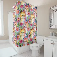 Whimsical Watercolor Flowers and Cats Colorful Shower Curtain