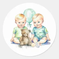 Watercolor Twin Boys Baby Shower Classic Round Sticker