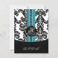 monogram damask aqua rsvp cards