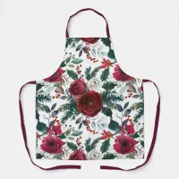 Burgundy Roses, Pine, Holly Christmas Floral Apron