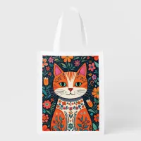 Whimsical Folk Art Cat and Flowers Grocery Bag