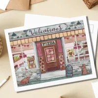 Valentine's Day Pizza Shop Watercolor Postcard