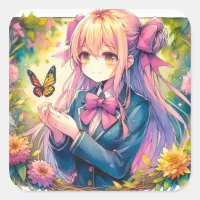 Anime Girl and Butterfly Watercolor Ai Art Square Sticker