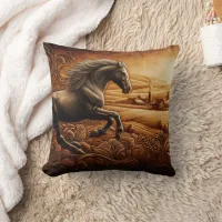 Black Horse Galloping in Golden Fields Throw Pillow