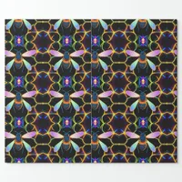 Vibrant Neon Honeybee with Abstract Hexagonal  Wrapping Paper