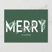 Merry Everything Green Holly Berries Foliage Holiday Postcard