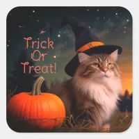 Trick Or Treat Norwegian Forest Cat In Witches Hat Square Sticker