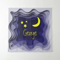 Blue Curvy 3d Layered Cutout Paper Moon and Stars Tapestry