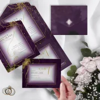 Fine Lines Gold Abstract Wedding V3 Plum ID867 All In One Invitation