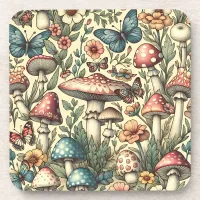 Vintage Mushrooms, Flowers, Butterflies Whimsical Beverage Coaster