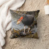 Stunning Black Oystercatcher Shorebird with Clam Throw Pillow