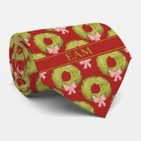 Christmas Wreath Red Green Novelty Add Initials Neck Tie