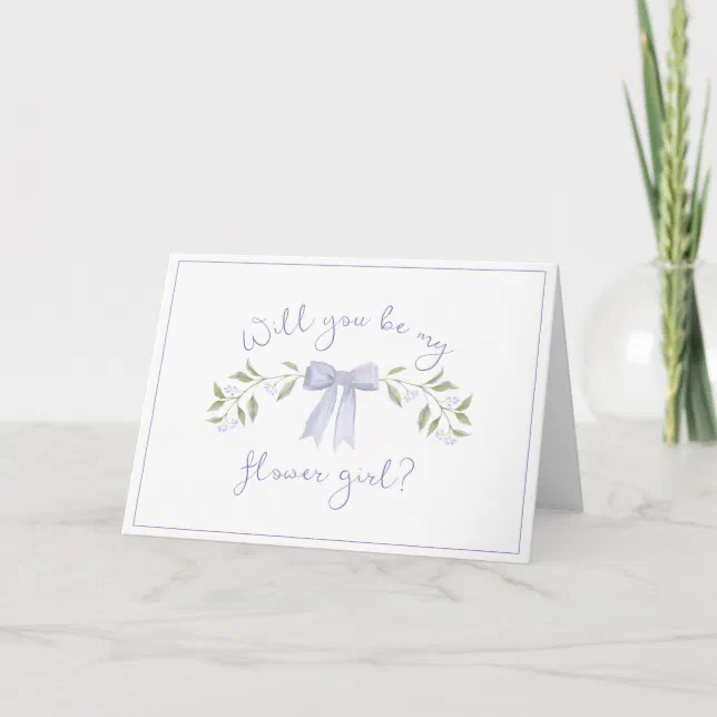 Chic Flower Girl Proposal with Bow Cute Dusty Blue Card
