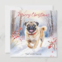 Cute Pug Dog In Snow Watercolor Merry Christmas Holiday Card