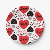 Stylish Trendy Red And Black Love Hearts Pattern  Paper Plates