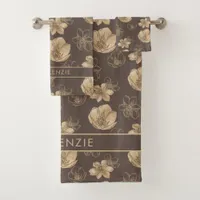 Modern Boho Gold Foil Floral Pattern Bath Towel Set