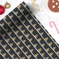 Gold and Navy Christmas Trees Pattern Wrapping Paper