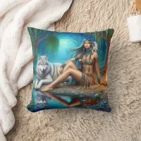 Native American Woman Sitting With Wolf By Water Throw Pillow