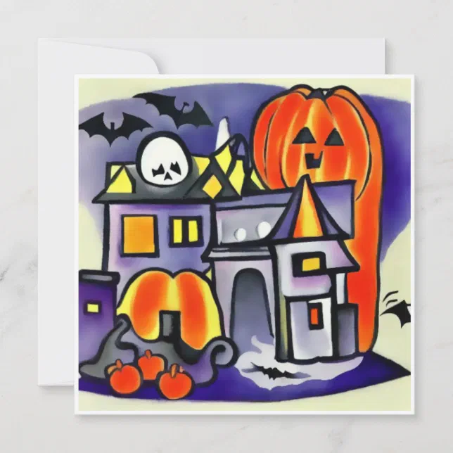 Pumpkins, ghosts, halloween bats card