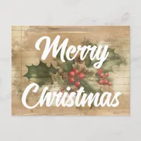 Retro Holly Grunge Merry Christmas Postcard