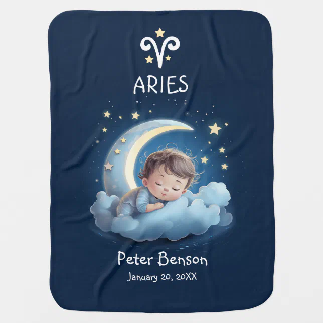 Cute Aries Baby Sleeping on Moon Zodiac Astrology Baby Blanket