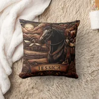 Black Horse With Saddle Near Barn at Rodeo Throw Pillow