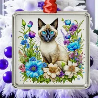 Ai Watercolor Siamese Cat in Flowers  Metal Ornament