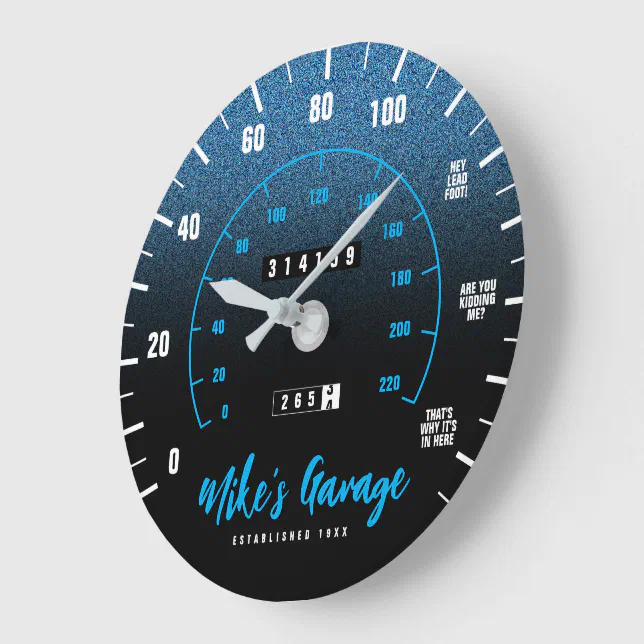 Funny Manly Car Odometer Speedometer Blue Glitter Large Clock