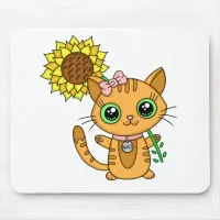 Cute Kawaii Cat Holding Flower Mouse Pad