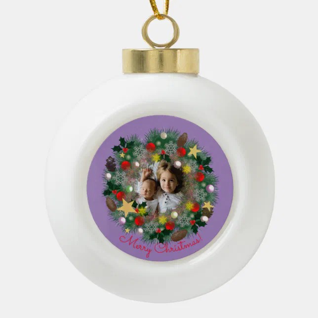 Christmas and New Year greetings, photo in a crown Ceramic Ball Christmas Ornament