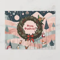 Whimsical Merry Christmas with Festive Wreath Postcard