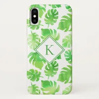 Tropical Green Watercolor Leaves Monogram iPhone X Case