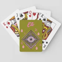 Hamsa Hand with Evil Eye and Hearts Pink on olive Poker Cards