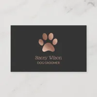 Charcoal Rose Gold Paw Print Logo Dog Groomer Busi Business Card