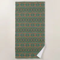 Southwestern Copper Teal Geometric Pattern Beach Towel