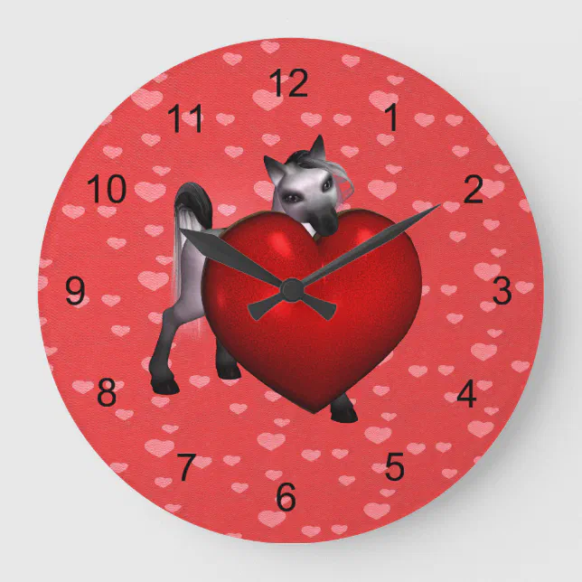 Cute White Pony with Red Heart Large Clock